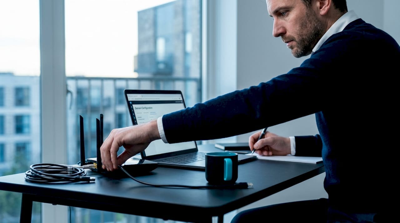 Man connecting domain in U.K. home office